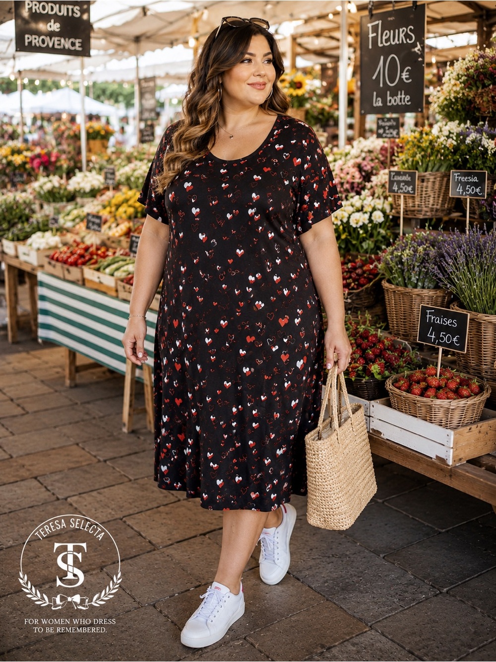 Woman Within 4X Black Red Heart Print Cotton Midi T-Shirt Dress Plus Size 34/36